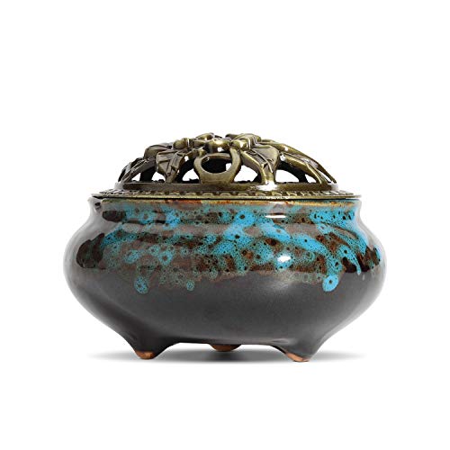 ComSaf Ceramic Incense Burner with Brass lid Set of 1, Stick Cone Coil Holder Ash Catcher Ideal Gift for Home Decor Yoga Spa Meditation
