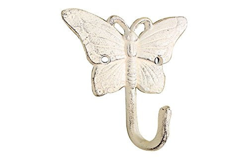 Hampton Iron Whitewashed Cast Iron Butterfly Hook 6" - Rustic Wall Hook - Butterfly Decor