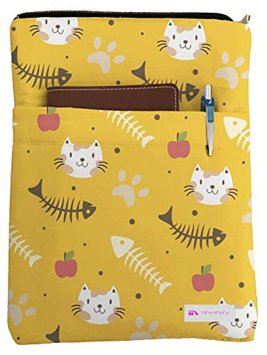 Shelftify Cats and Fish Bones 2 Book Sleeve - Book Cover for Hardcover and Paperback - Book Lover Gift - Notebooks and Pens Not Included