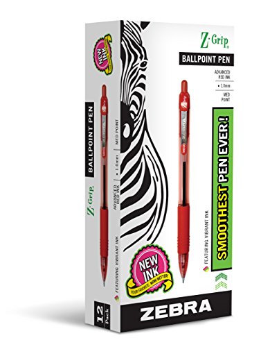 Zebra Pen Z-Grip Retractable Ballpoint Pen, Medium Point, 1.0mm, Red Ink, 12-Count
