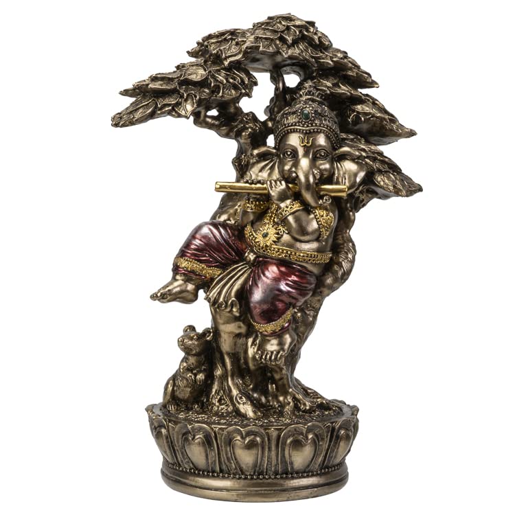 Pacific Trading Giftware Ganesha Playing Music Under Tree Figurine, Gold
