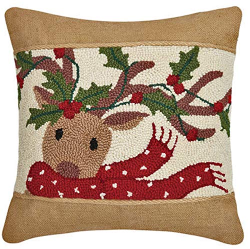 Peking Handicraft Reindeer Holly Burlap Christmas Hooked Wool Throw Pillow - 16" x 16"
