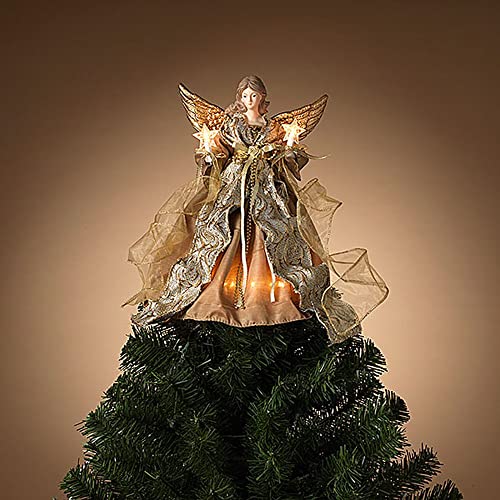 Gerson 2664120 Electric Lighted Gold Polyester Angel Tree Topper with 10 Lights, 14-inch Height