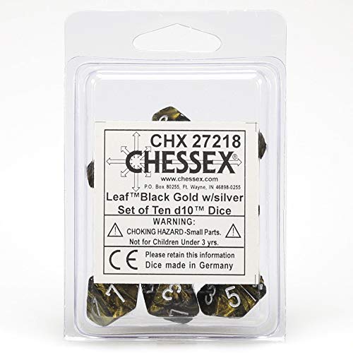 Dice -27218 CHX Leaf Chessex Black Gold w/Silver sat of D10 Dice Made of Germany