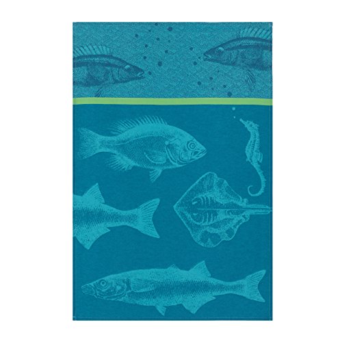 Coucke French Cotton Jacquard Towel, Banc De Poissons (School of Fish) Bleu, 20-Inches by 30-Inches, Turquoise