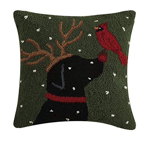 Peking Handicraft Black Lab Reindeer Dog Cardinal Christmas Hooked Wool Throw Pillow - 16" x 16"