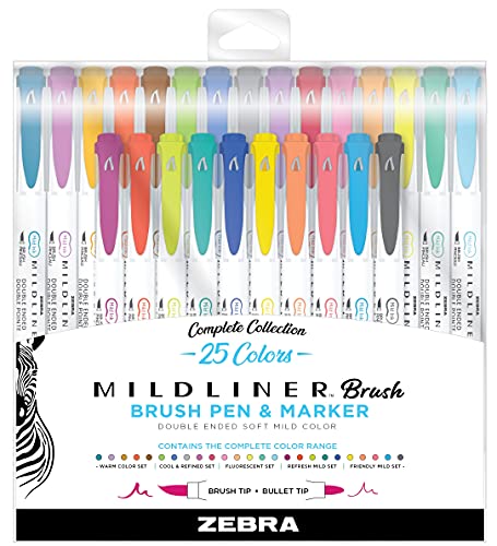 Zebra Pen Mildliner Double Ended Brush Pen, Brush and Point Tips, Assorted Ink Colors, 25-Pack, Multicolor (79125)