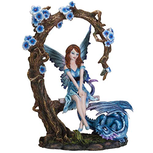 Pacific Trading Giftware FairyTate Fantasy Fairy on The Swing with Dragon Decorative Resin Collectible Figurine Statue