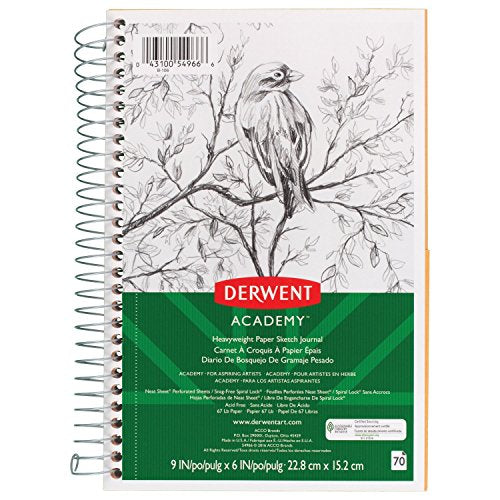 ACCO (School) Derwent Academy Paper Sketch Journal, Wirebound, 70 Sheets, 9" x 6", Heavyweight (54966), White