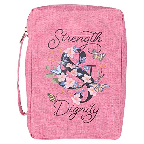 Christian Art Gifts Polyester Canvas Bible Cover for Women w/Zippered Pocket & Pen Storage: Strength & Dignity - Proverbs 31:25 Inspirational Bible Verse Carry Case, Pink Butterfly Floral, Medium