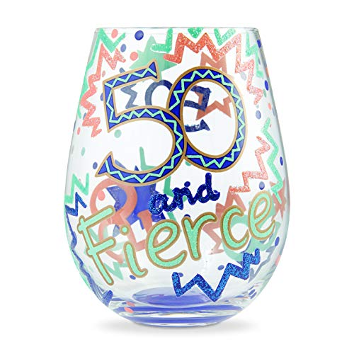 Enesco 6006282 Designs by Lolita 50 and Fierce Hand-Painted Artisan Stemless Wine Glass, 20 Ounce, Multicolor