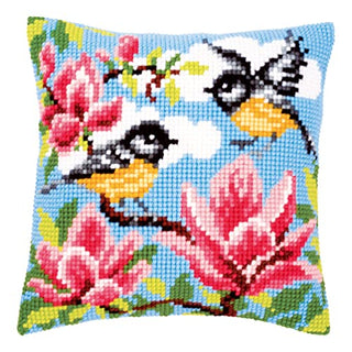 Vervaco Cross Stitch Embroidery Kits Pillow Front for Self-Embroidery with Embroidery Pattern on 100% Cotton and Embroidery Thread, 15,75 x 15,75 Inches - 40 x 40 cm, Bird with Flowers