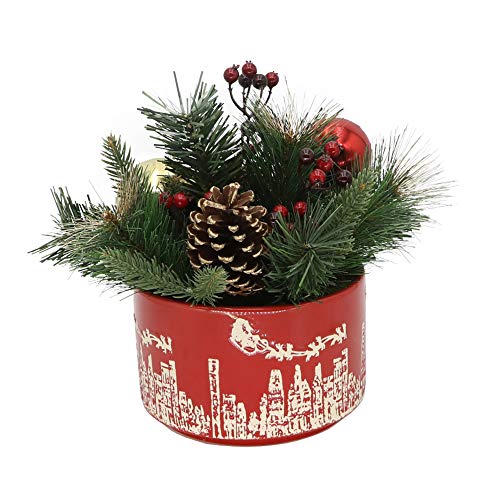 Flora Bunda Artificial Xmas Arrangement in 7 inch Red Cityscape Ceramic Pot Indoor Christmas Decoration