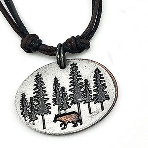 ANJU JEWELRY Pewter Cotton Cord Necklace - Oval Pendant with Bear in Woods