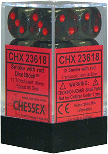 Chessex 23618 Translucent 16mm d6 Dice Block, Smoke with Red