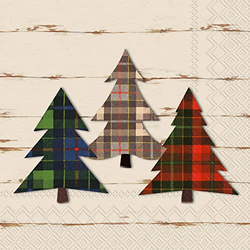 Boston International IHR Winter Holiday Christmas 3-Ply Paper Napkins, 20-Count Cocktail Size, Checkered Pines- Cream