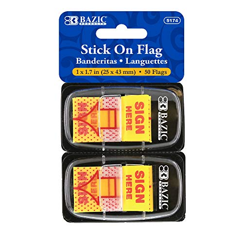 BAZIC 1" x 1.7" Yellow Color Printed Sign Here Flags w/Dispenser, PET Sticky Notes Memo Index Tabs Flags, Self-Stick Notes, Colorful Post Stickies Pads, Clean Removal (50 Flags/Pack), 1-Pack