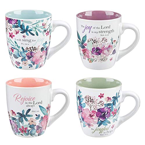 Christian Art Gifts Ceramic Coffee/Tea Mug Set for Women | Rejoice Watercolor Flowers Design Bible Verse Mug Set | Boxed Set/4 Coffee Cups