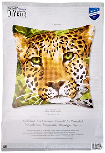 Vervaco Cross Stitch Embroidery Kits Pillow Front for Self-Embroidery with Embroidery Pattern on 100% Cotton and Embroidery Thread, 15,75 x 15,75 Inches - 40 x 40 cm, Leopard Face