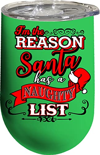 Spoontiques Naughty List Insulated Wine Tumbler with Lid – Double Wall Stainless Steel Stemless Wine Glass – 16oz - 5 5/8” Tall