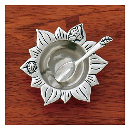 Basic Spirit Sun Flower Salt Bowl with Spoon Pewter Bee Ladybug Cellar Container for Spices Snacks Side Dishes Nature Lover Gift