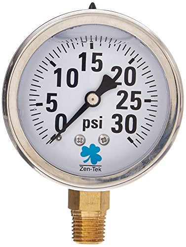 Zenport LPG30 Zen-Tek Glycerin Liquid Filled Pressure Gauge, 30 PSI