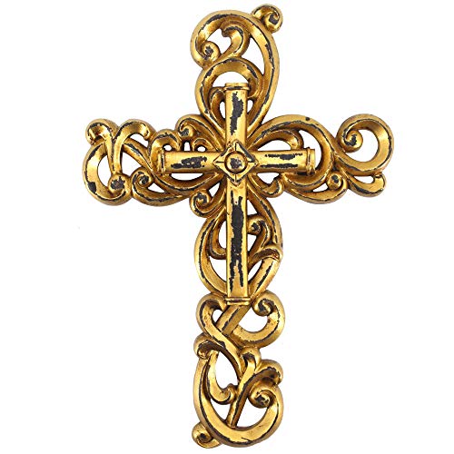 Comfy Hour Faith and Hope Collection 12" Gold Wall Hung Classic Cross, Stone Resin Sculpture, Vintage, Antique Style