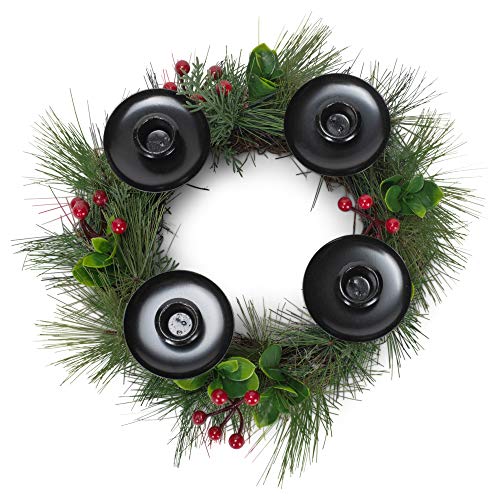Roman 133833 Wreath Pine with Berries with Metal Candle Holder, 14 inch, Multicolor