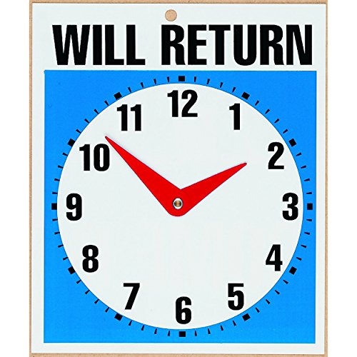 Bazic Clock Sign "WILL RETURN" w/ "OPEN" sign on back 7.5" X 9"