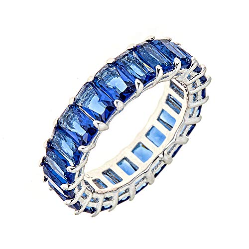 Maya J Eternity Ring - Emerald-Cut, with Artisan Fashioned Gemstones, Blue, Size 8