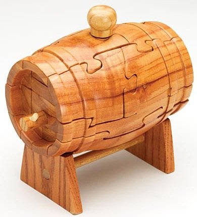 CHH 5" Wooden 3D Beer Keg Brain Teaser Puzzle with Stand, Dark Brown