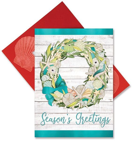 Cape Shore Christmas Beach Style Cards and Envelopes - Coastal Wreath Gift for Birthday, Anniversary - 16 Count