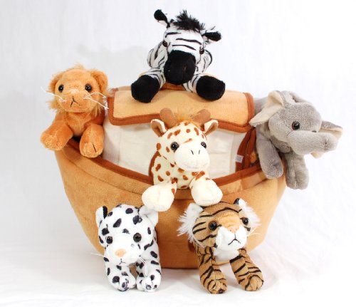 Unipak Plush Noah's Ark with Animals - Six (6) Stuffed Animals (Lion, Zebra, Tiger, Giraffe, Elephant, and White Tiger) in Play Ark Carrying Case
