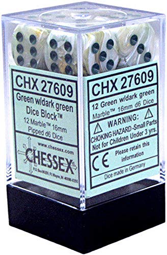 Chessex DND Dice Set D&D Dice-16mm Marble Green and Dark Green Plastic Polyhedral Dice Set-Dungeons and Dragons Dice Includes 12 Dice D6