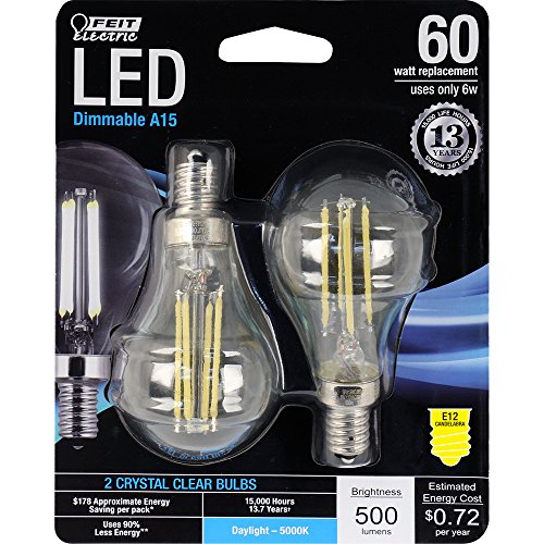 Feit Electric BPA1560C/850/LED/2 Decorative Glass Filament LED Dimmable 60W Equivalent Daylight Classic A15 Light Bulb (Pack of 2), Clear, Candelabra Clear