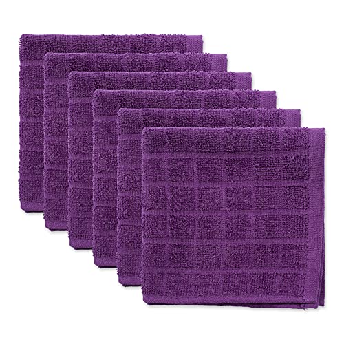 DII Design Cotton Terry Windowpane Dish Cloths, 12 x 12" Set of 6, Machine Washable and Ultra Absorbent Kitchen Bar Towels-Solid Eggplant