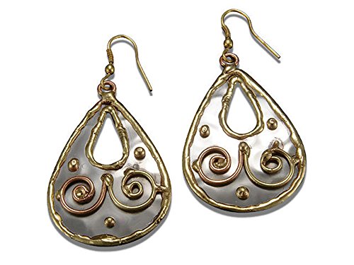 ANJU Goldtone and Coppertone Teardrop & Swirl Design Hammered Hook Earrings E028