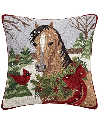 Peking Handicraft Light Brown Holiday Horse Christmas Holly - 18" Hooked Wool Pillow