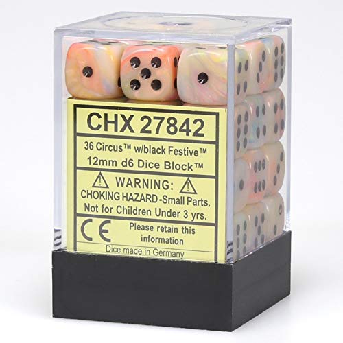 Chessex DND Dice Set D&D Dice-12mm Festive Circus and Black Plastic Polyhedral Dice Set-Dungeons and Dragons Dice Includes 36 Dice – D6