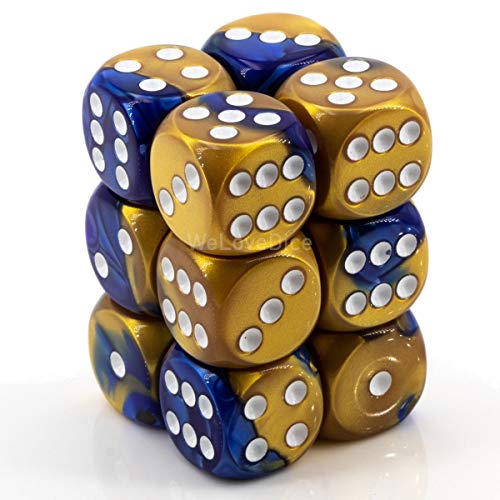 DND Dice Set-Chessex D&D Dice-16mm Gemini Blue, Gold, and White Plastic Polyhedral Dice Set-Dungeons and Dragons Dice Includes 12 Dice  D6