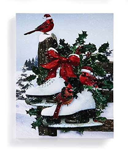 Giftcraft 682370 Christmas LED Canvas Print , Cardinals and Ice Skates, Medium Density Fiberboard and Canvas