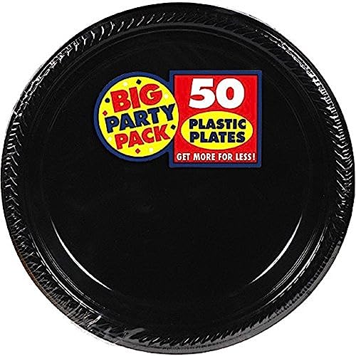 Amscan Big Party Pack Jet Black Plastic Plates | 10.25" | Pack of 50 | Party Supply