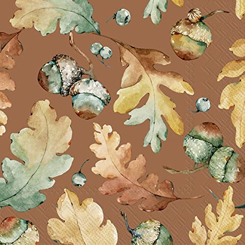 Boston International IHR Fall Autumn Halloween Thanksgiving 3-Ply Paper Napkins, 20-Count Cocktail Size, Acorns And Leaves- Brown