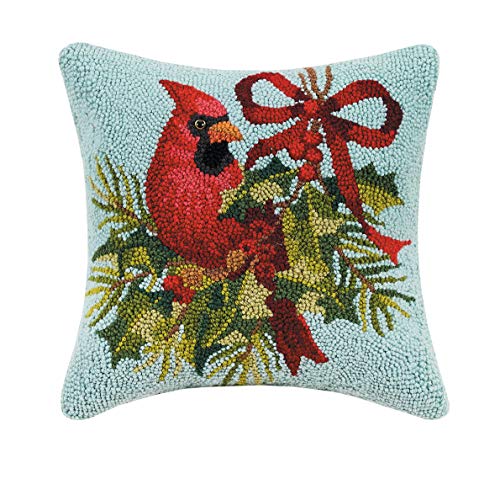 Peking Handicraft 31SSX230C14SQ Holly Cardinal Holiday Hook Pillow, 14-inch Square, Wool and Cotton