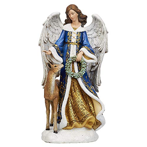 Joseph's Studio by Roman - Angel Holding Wreath with Deer Blue and Gold Figure, 13.25" H, Christmas Collection, Resin, Decorative, Home Decor, Durable, Long Lasting