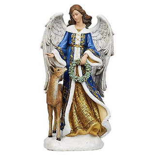 Joseph's Studio by Roman - Angel Holding Wreath with Deer Blue and Gold Figure, 13.25" H, Christmas Collection, Resin, Decorative, Home Decor, Durable, Long Lasting
