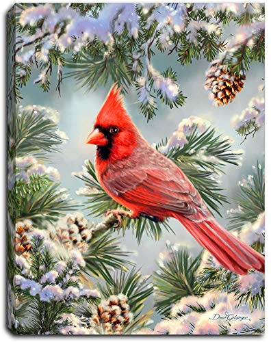 GELSINGER DBA Glow Decor Mini Canvas-Snowy Pine Cardinal-LED Tabletop w/Timer (8" x 6") Christmas Decoration Red Cardinal