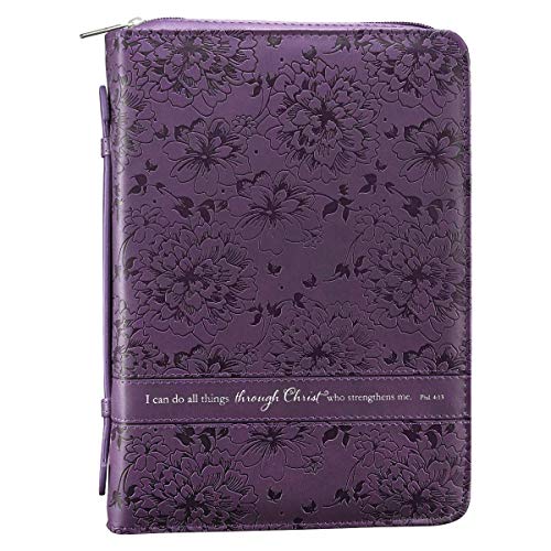 Christian Art Gifts Purple Faux Leather Bible Cover for Women | All Things Through Christ- Philippians 4:13 | Zippered Case for Bible or Book w/Handle