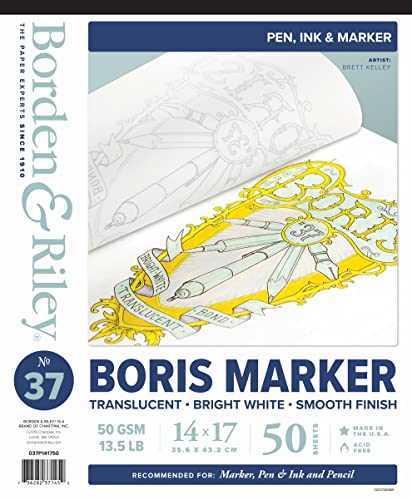 Chartpak Borden & Riley #37 Boris Marker Layout Bright White Translucent Bond Paper Pad, 14" x 17", 50 GSM/13.5 LB, 50 Sheets, 1 Pad Each 