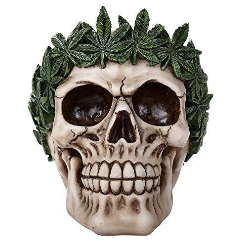 Pacific Trading Giftware Novelty Cannabis Leaves Marijuana Weed Pot Head Skull Figurine Halloween Decor Collectible 5.25 Inches Tall